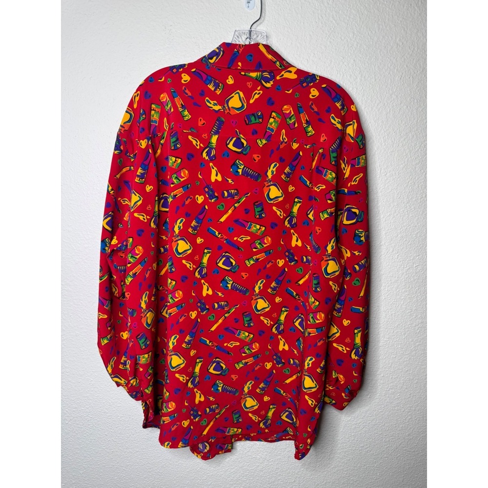 Chaus Vintage Red Makeup Print Button Down Blouse Womens 14 Long Sleeve Novelty - Picture 8 of 9